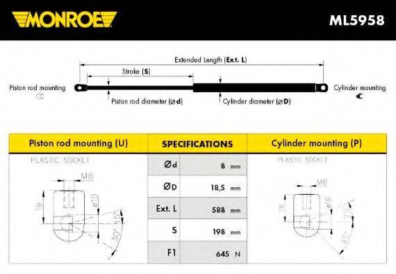 Газова пружина, кришка багажника MONROE ML5958